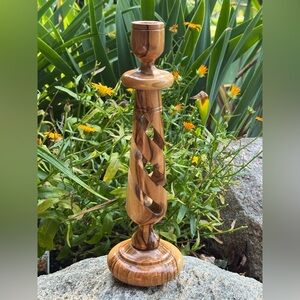 Carved olive Wood Candle Holder 10”